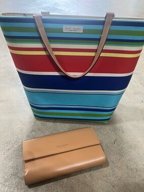 kate spade Multicolor Striped Canvas Tote with Tan Leather Wallet